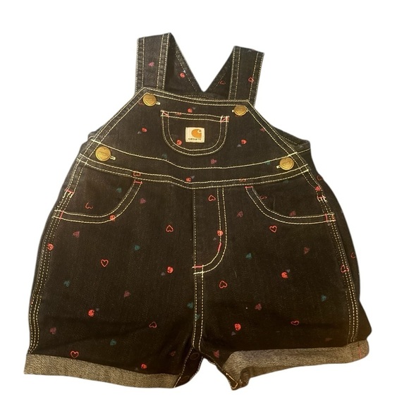 Carhartt Infant Printed Bib Shortall Sz 9MO Denim Multi Color Hearts Rolled Cuff - Picture 1 of 5